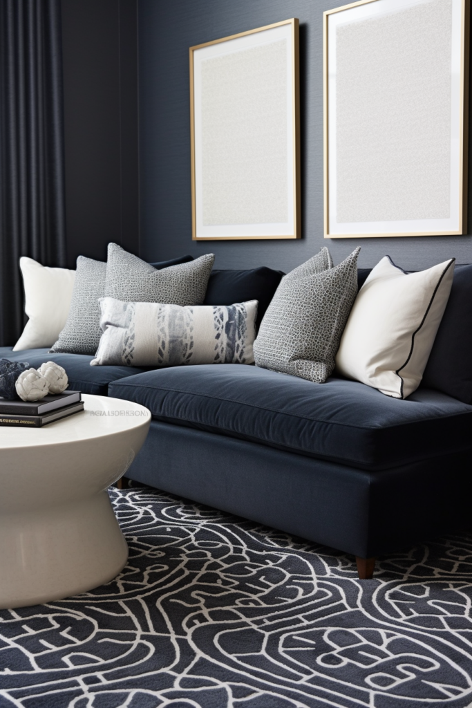 A living room with a stylish pairing of a blue couch and a white coffee table.