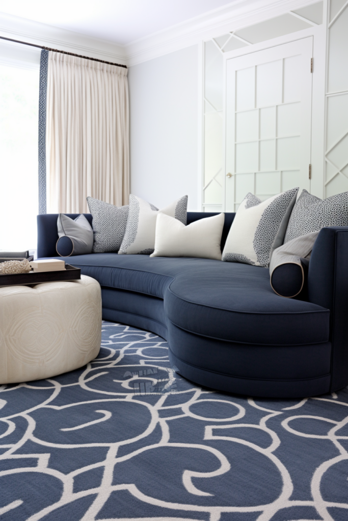 A blue couch with stylish pairings in a living room.