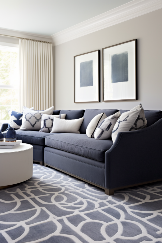 A stylish blue couch in a living room, complemented by grey carpets for a perfect harmony.