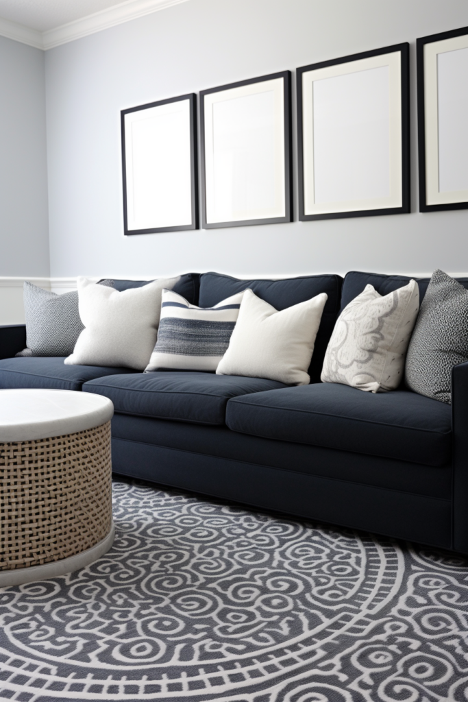 A living room with a stylish pairings of a black couch and a white coffee table.