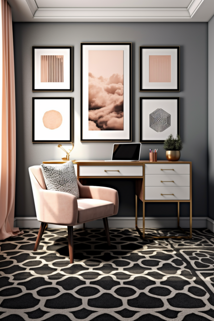 A home office with a desk, chair and framed pictures decorated in pattern harmony.
