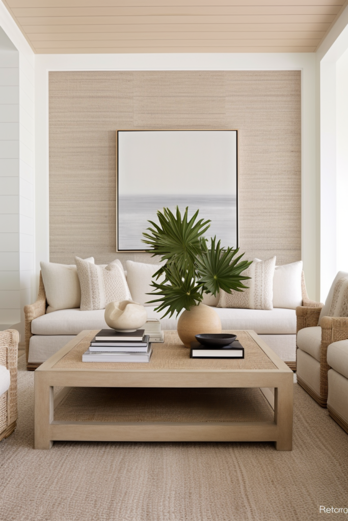 A beige living room with a large painting.