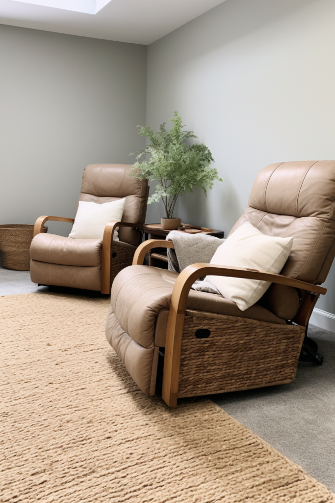 Two beautiful recliners in a room, with a grey carpet covering the floor.