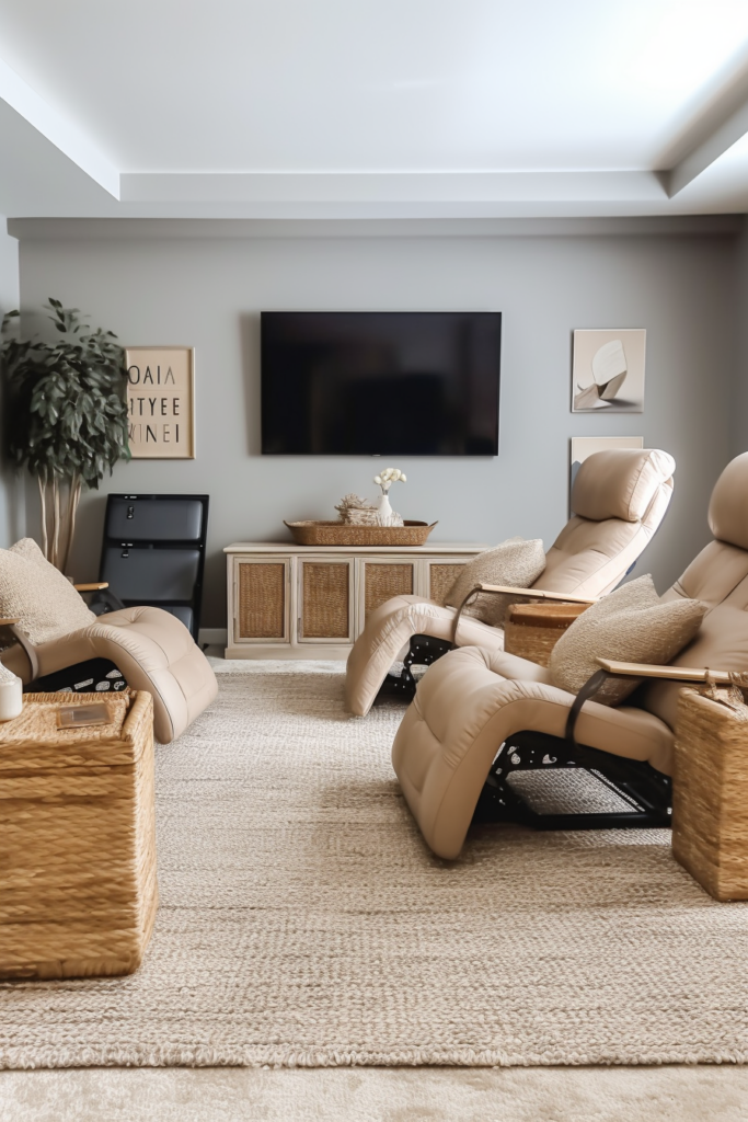 A living room with grey carpet, recliners, and a flat screen TV, creating a beautiful and comfortable space. The choice of material for the carpet ensures both functionality and aesthetic appeal.