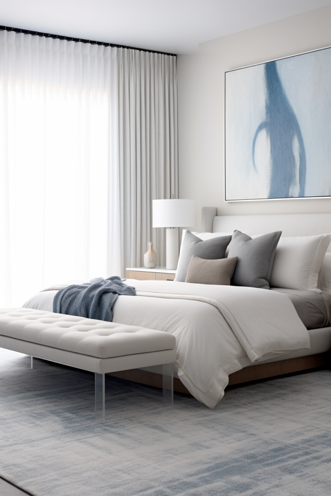 A modern bedroom with a white bed and a blue painting, showcasing the beauty of simplicity and material matters.