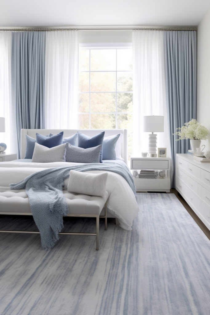 A blue and white bedroom with a white bed and a grey carpet.
