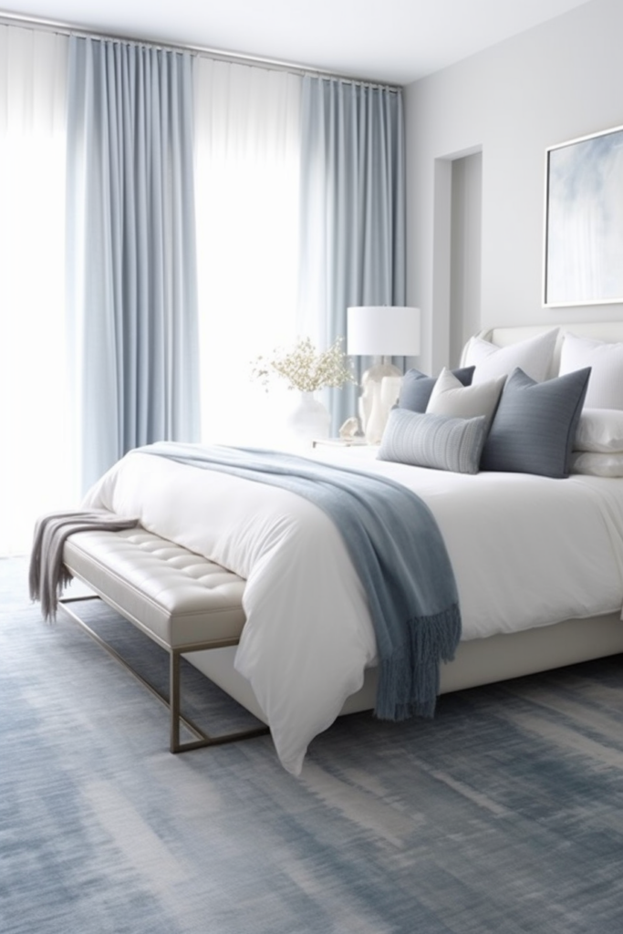 A bedroom with a white bed and blue carpet. Material Matters