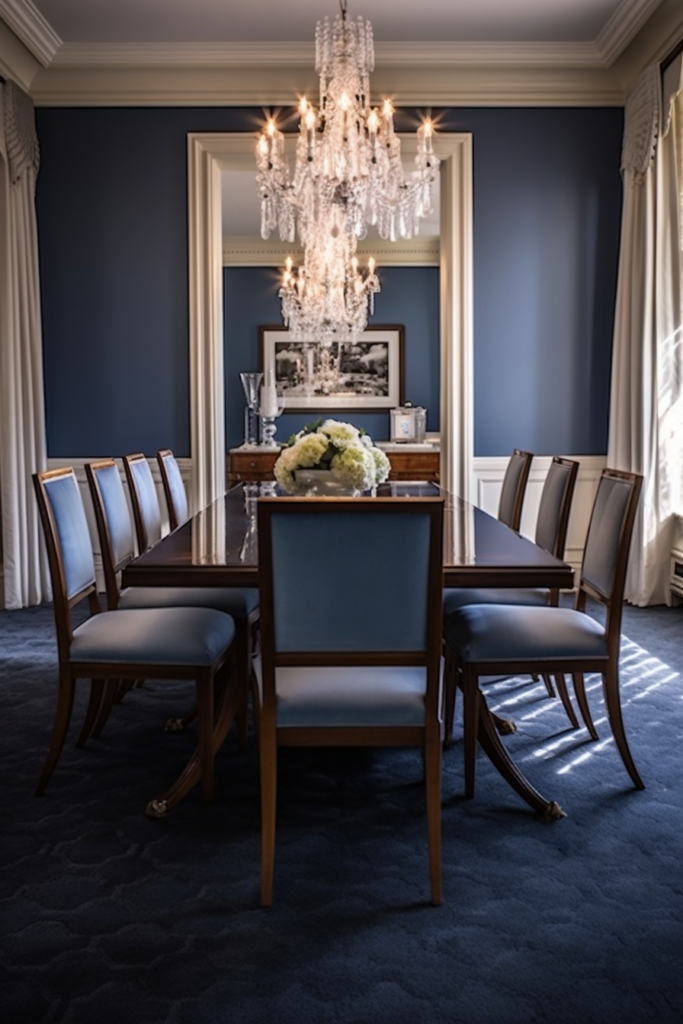 A dining room table with chairs and chandelier in a color-coordinated setting with flatter grey carpets.