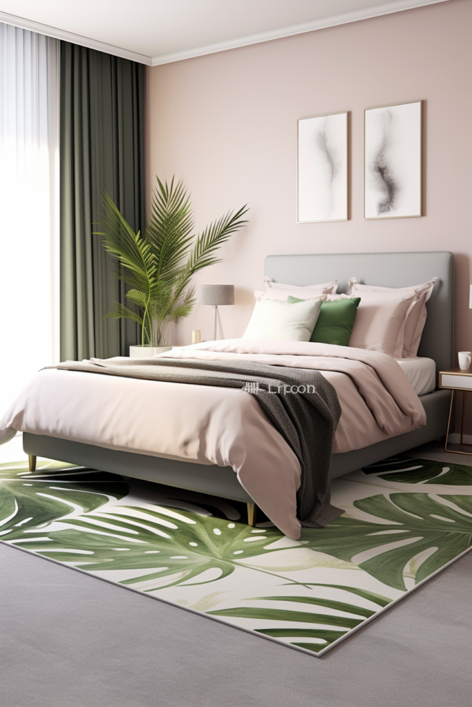 A bed with pink bedding and green plant on a grey carpet.