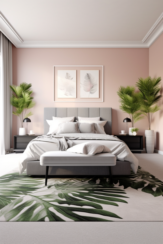 A bedroom with a bed and two plants, featuring grey carpets and color connections on the walls.