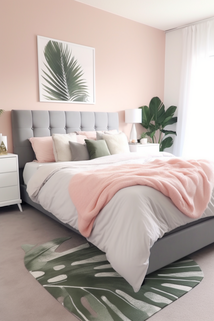 A bed with pink blanket and pillows, perfectly matching the color connections in the room.