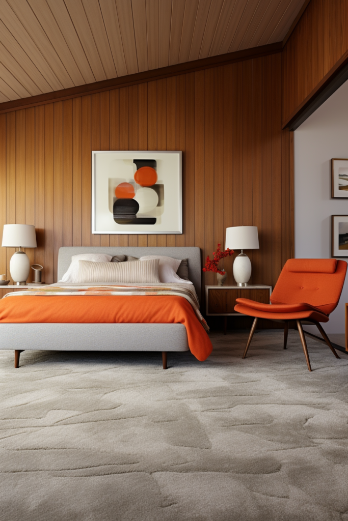 A modern bedroom with grey carpets and orange accents. The wall colors create a beautiful color connection throughout the room.