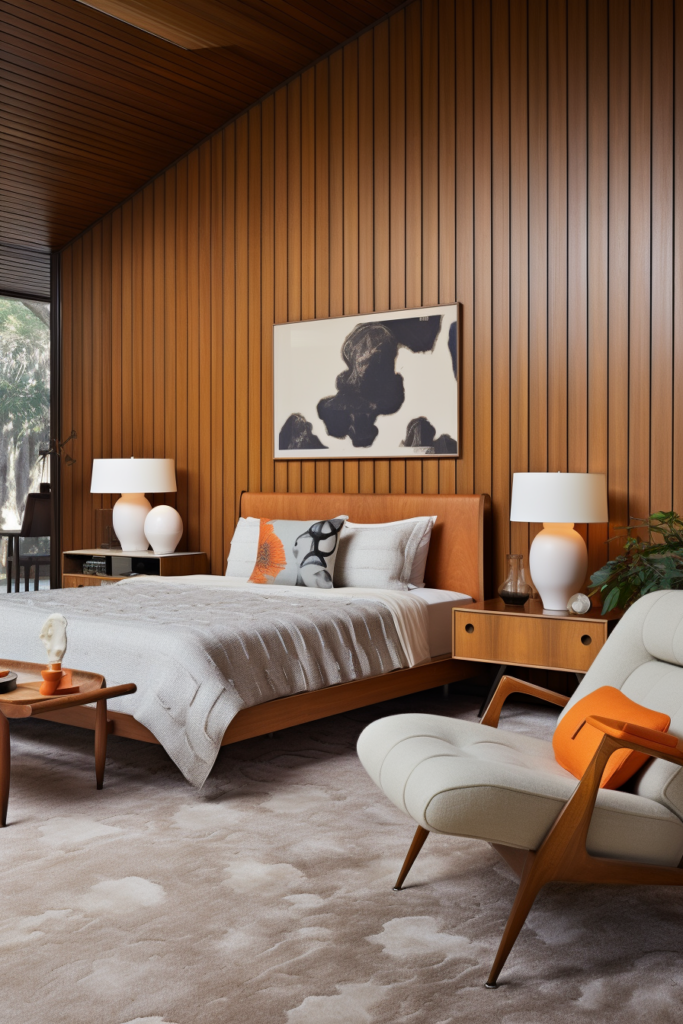 A bed in a room with wood paneling and grey carpets.
