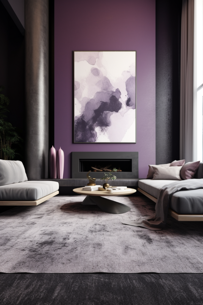 A living room with purple walls and a large painting that creates color connections.