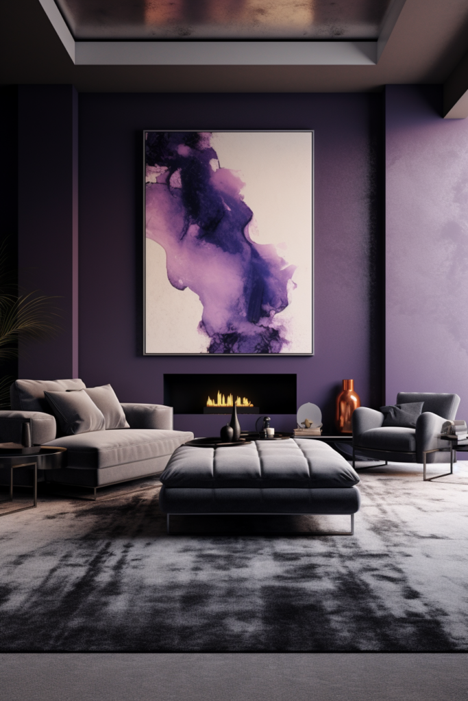 A purple living room with a large painting on the wall and grey carpets.