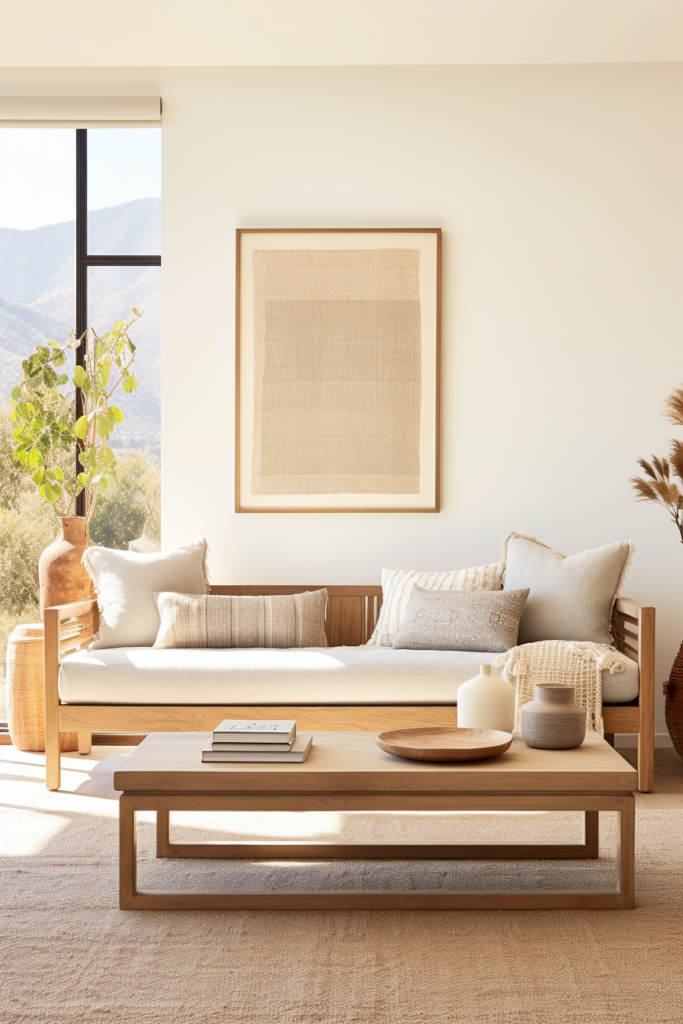 A minimalist living room with warm textures featuring a white couch and a wooden table.