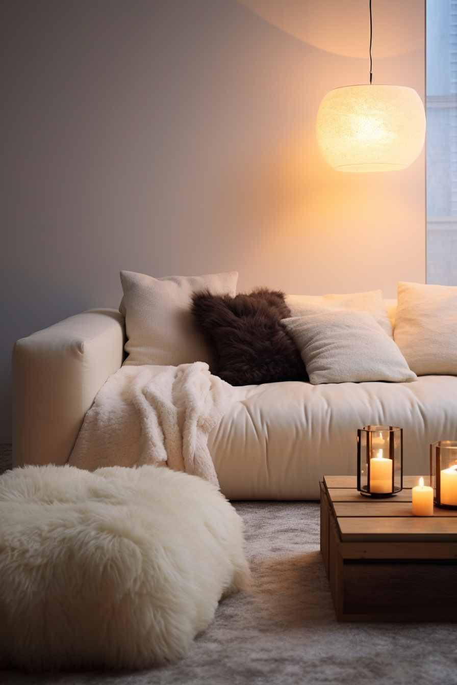 A cozy white couch in a minimalist living room space, providing warmth and comfort.