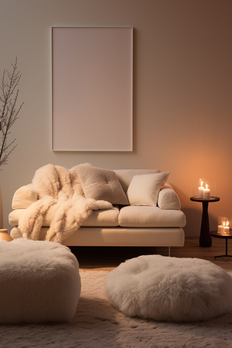 A cozy living room with a white couch and pillows, offering comfort in warm textures.