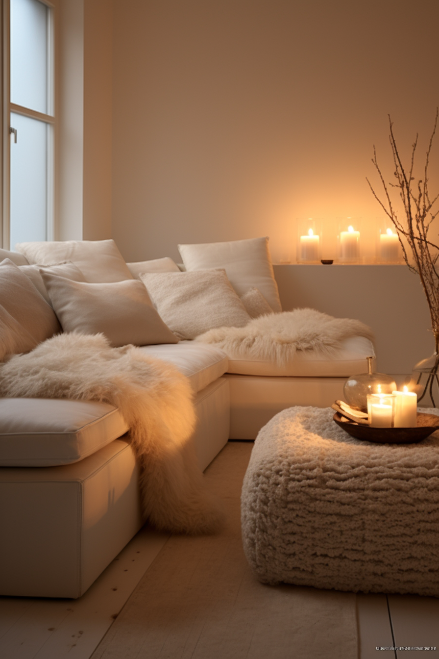 A cozy white couch in a minimalist living room.