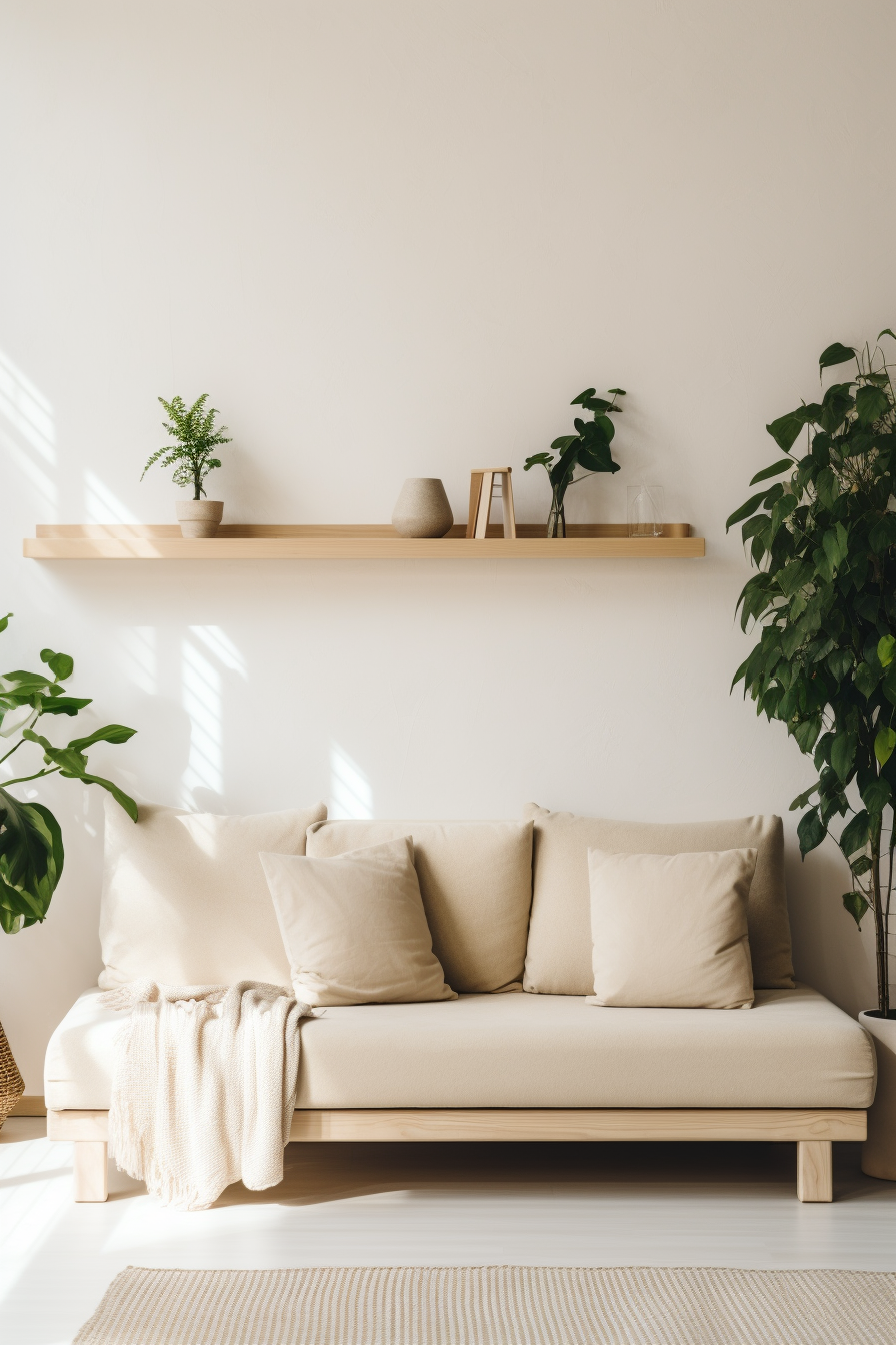 A cozy living room with a minimalist white couch and potted plants, offering warmth and comfort in its design.
