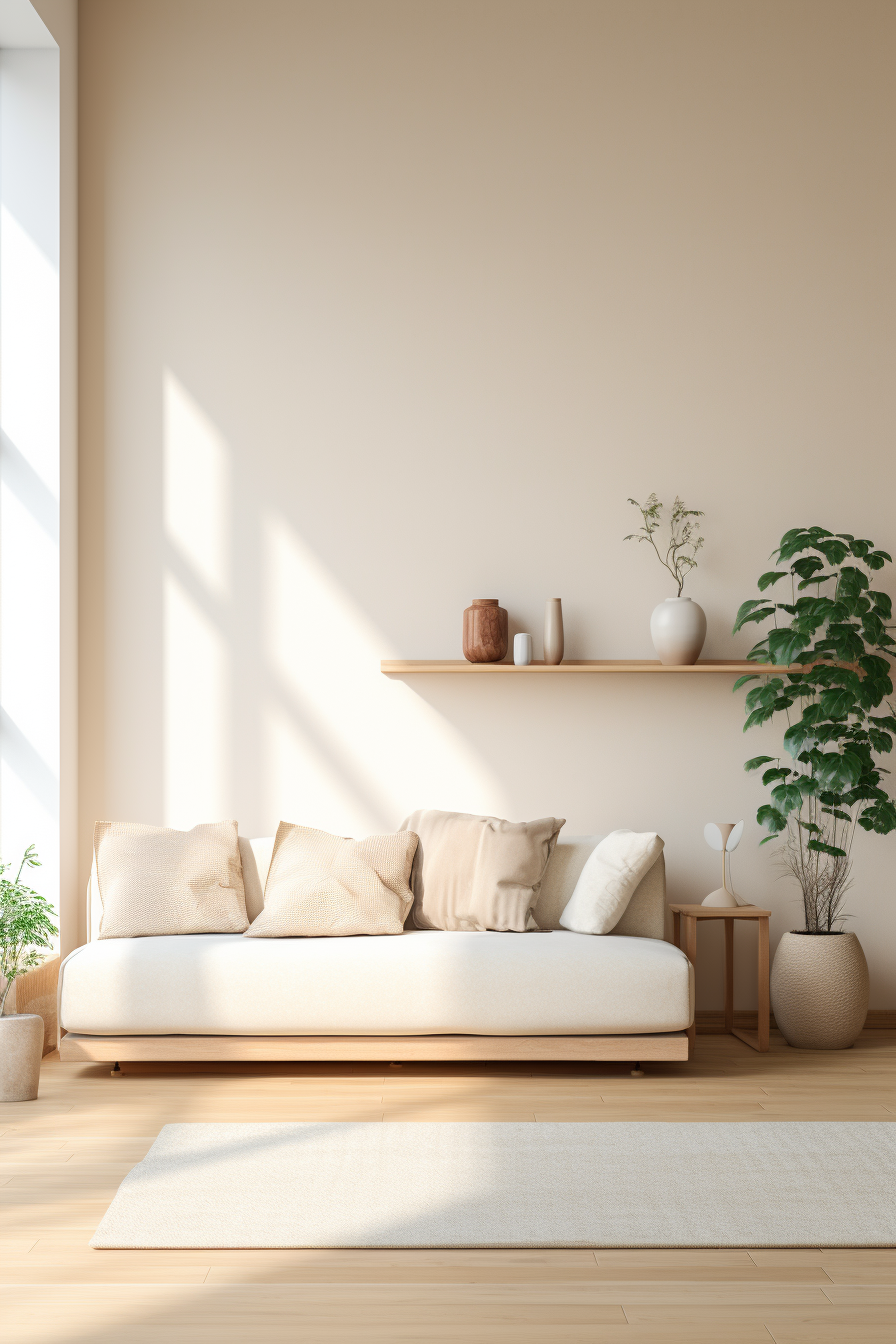 A cozy living room with a white couch, warm textures, and a potted plant.