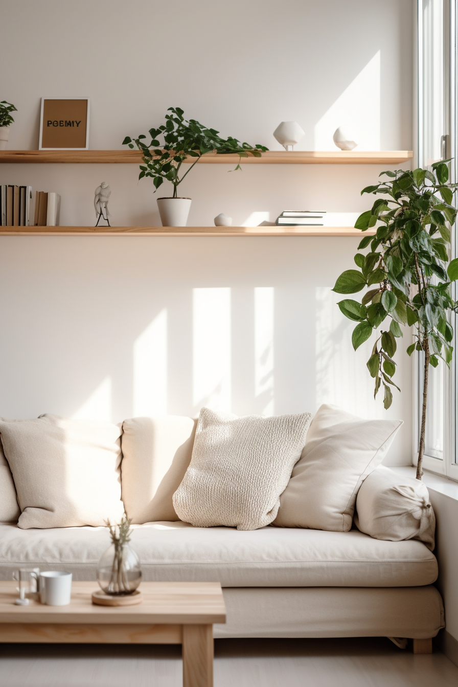 A minimalist living room with a white couch and warm textures, featuring a plant on the shelf.