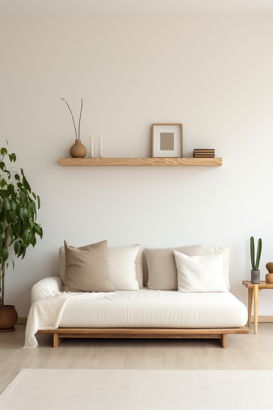 A minimalist white living room with a cozy white couch and a potted plant.