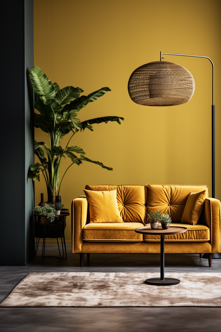 A cozy yellow sofa in front of a warm yellow wall.