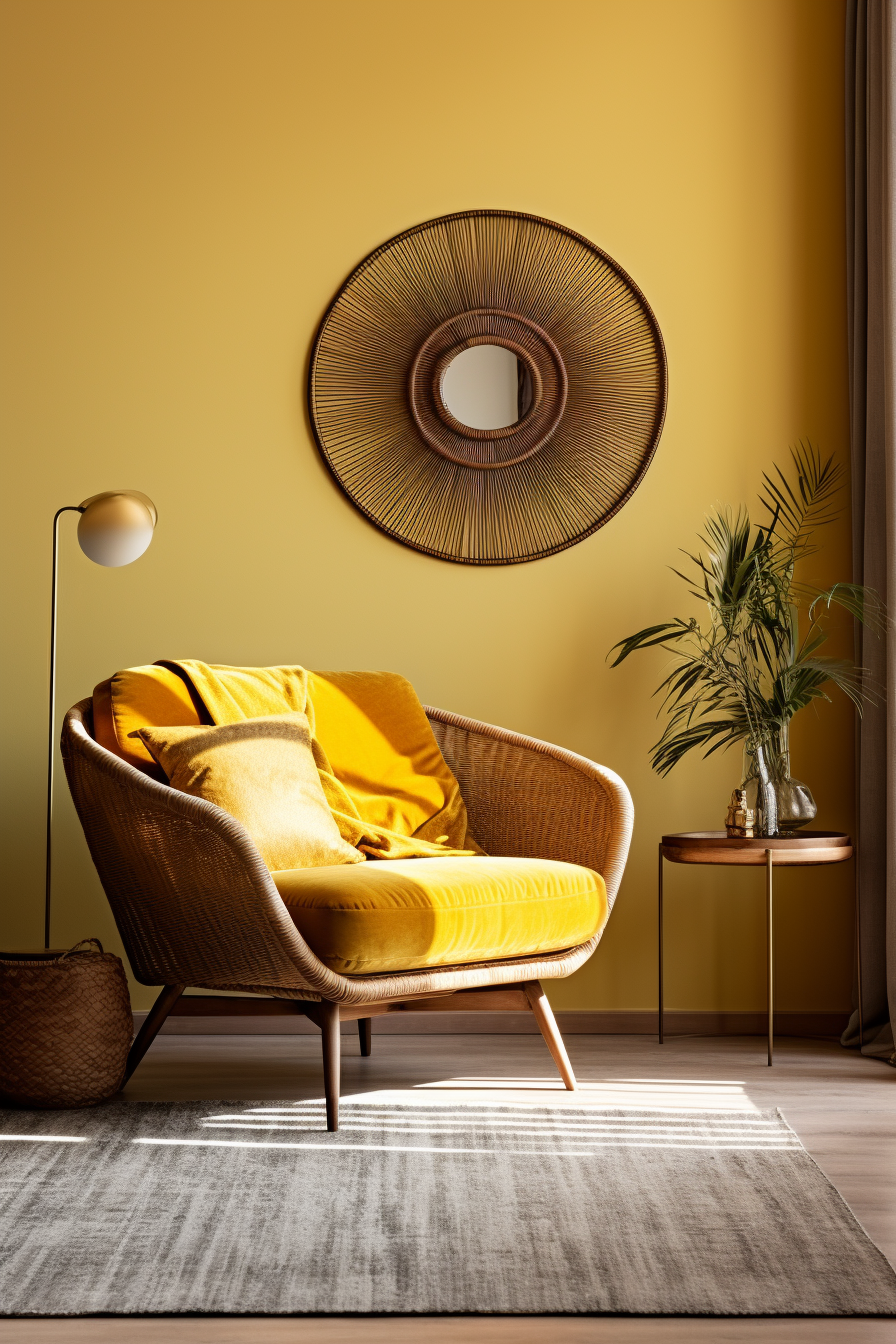 A warm and cozy living room with yellow walls and a comfortable yellow chair.