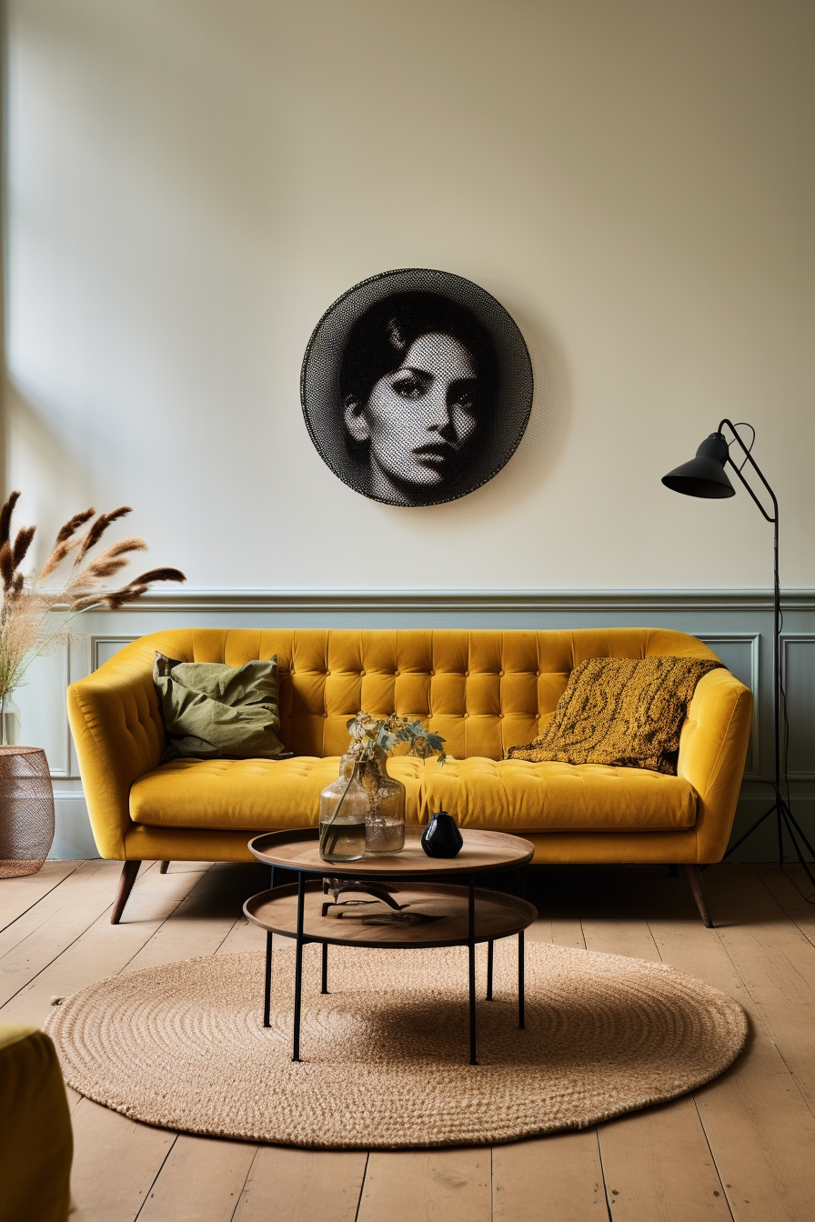A comfortable yellow sofa in a minimalist living room with a picture of a woman.