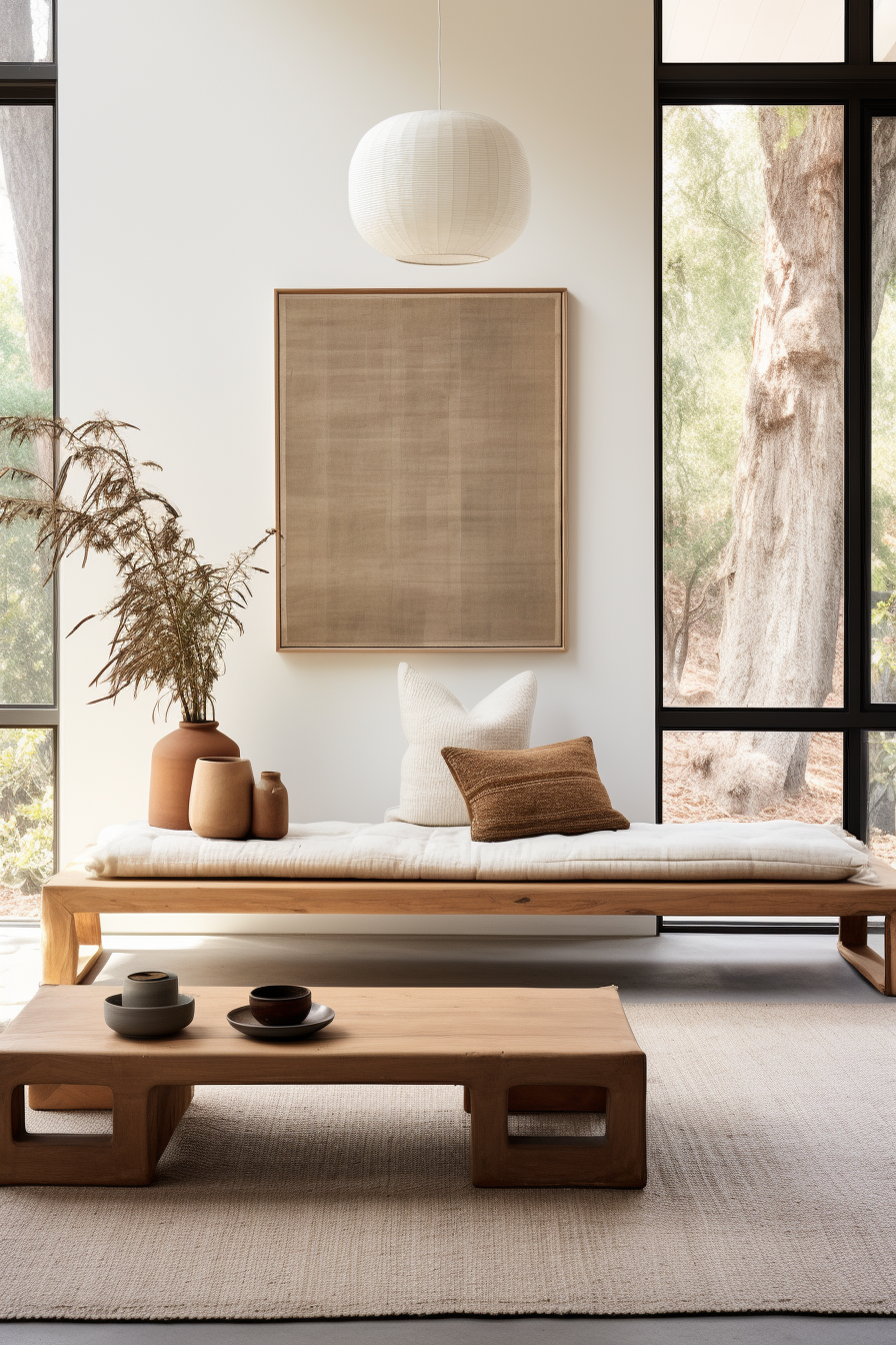 A minimalist living room with large windows that bathe the space in natural light, featuring warm textures and a cozy wooden bench for ultimate comfort.