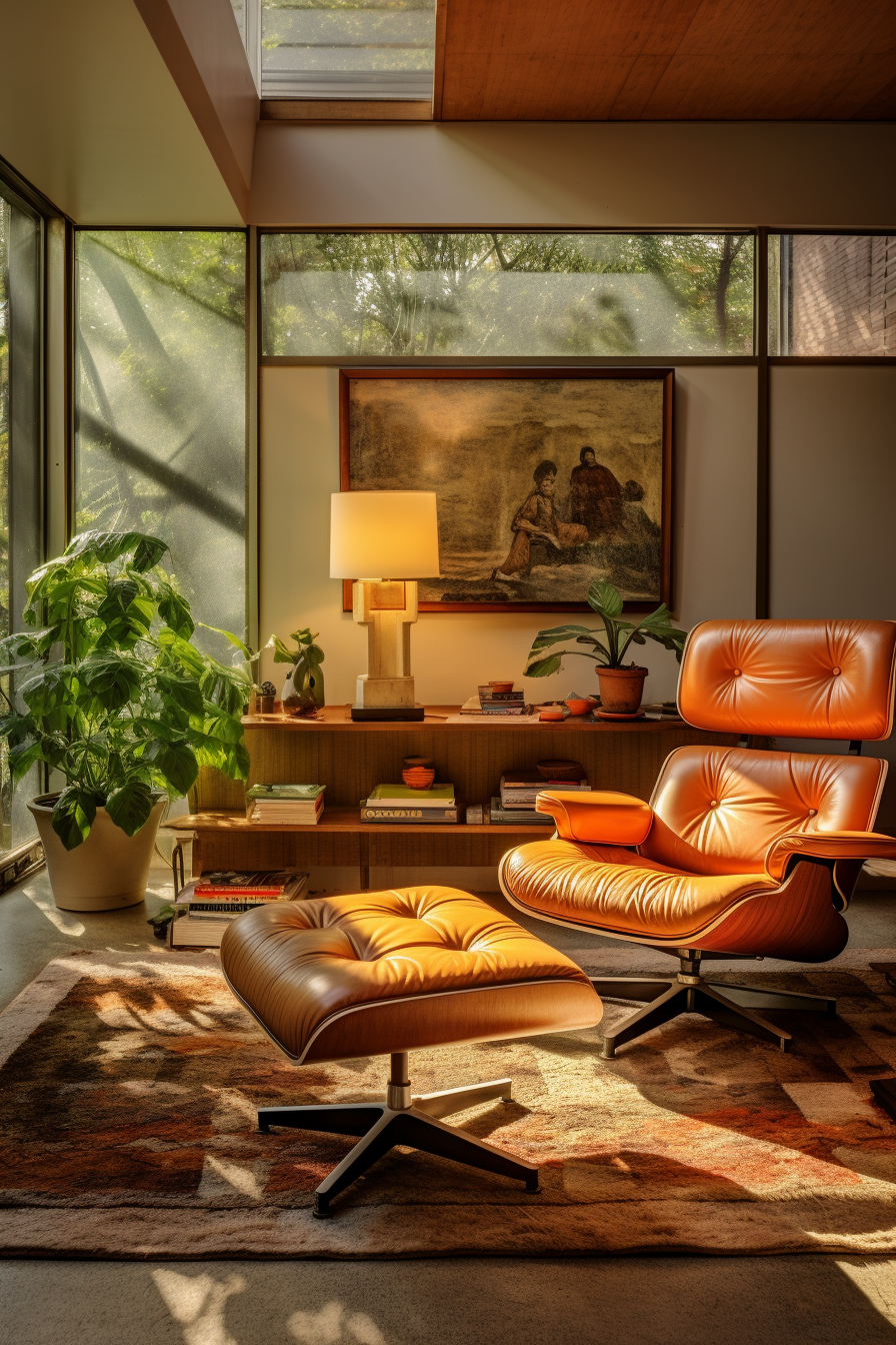 A cozy orange chair in a minimalist living room.