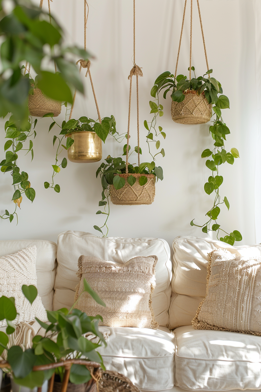 A living room with hanging planters above the white couch, giving the space a Boho Chic vibe.