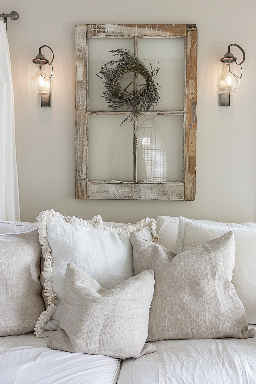 A farmhouse-style white couch with an old window wall decor above it.
