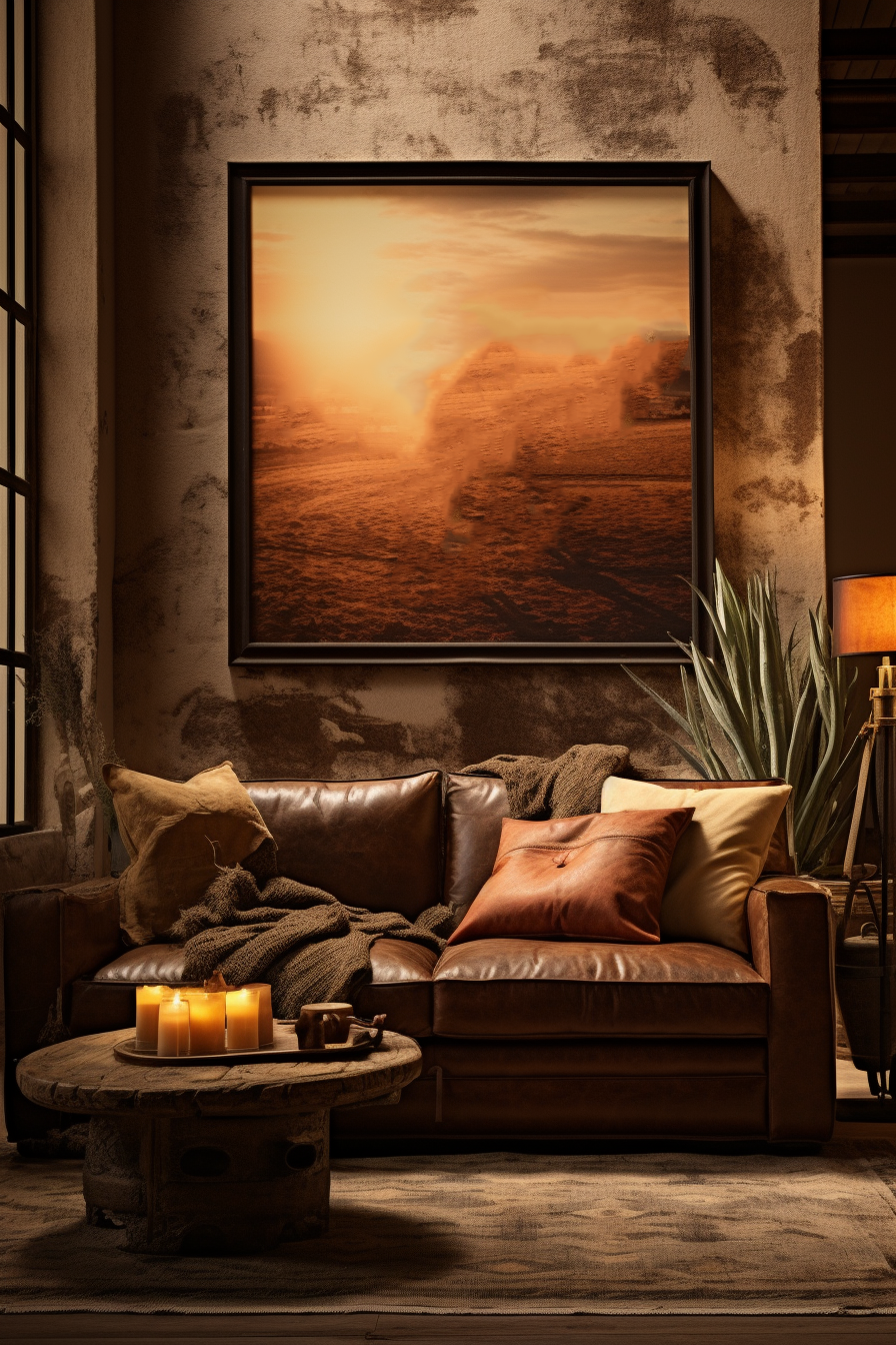 A brown couch in a Western-inspired living room.