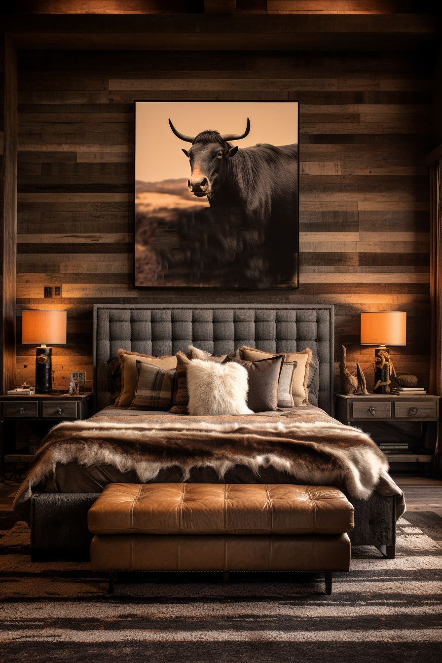 A Western-themed bedroom with a large painting of a bull as the focal point.